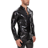 Fongt Men's PU Mirror Bright Leather Long Sleeve Casual Coat Black Slim Strap Stand-Up Collar Leather Jacket-Outfit