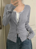 Fongt 2025 New Simple Solid Color Lace Splicing Casual Buckle Knitted Long-Sleeved T-Shirt Top