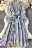 Lace Dress Women Spring Autumn New Round Neck Long Sleeve Vintage Embroidery Long Dresses Ladies Temperament Party