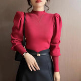 Korean Version Semi-High Round Collar Design Bubble Sleeve Knitted Sweater Autumn And Winter New Foreign Style Pullover Women's Dress-Outfit
