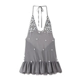 Fongt Women's Summer Sexy Hanging Neck Dew Back Brightle Leaf Side Dress Dress