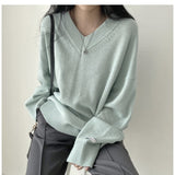 Dark Academia Solid Color V-Neck Pullover Sweater-Outfit