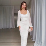 Fongt 2025 New Women's Folds Solid Color Waist Temperament Fashion Dress Women