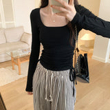 Girls' Solid Color Square Collar Long-Sleeved T-Shirt The New Autumn Style Is Slim, Slim And Underwear.-Outfit