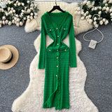 Fongt Small Fragrant Style High-Level Sense V-Neck Metal Buckle Waist Knitted Dress Women Autumn Body Fork Long Dress