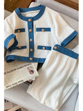 Fashion Casual Two-piece Set Women Summer Short Sleeve O-neck Single Breasted Top + White Trousers Sets Pants