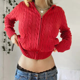 Fongt Hooded Zipper Cardigan Pocket Design Solid Color Sweater Coat Slim Short Style Top-Outfit