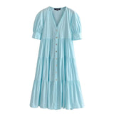 2021 Summer Women Solid French Style Long Cotton Dress V Neck Puff Short Sleeve Ladies Elegant Sundress