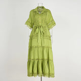 Fongt And Autumn New Court Style Small Retro Hollow High-End Lace To Receive Short-Sleeved Collar Long Dress