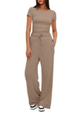Fongt Suit Folding 2025 New Solid Short-Sleeved Top High-Rise Broad Leg Pants Sportswear