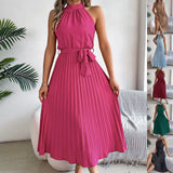 Shooting 2025 Spring And Summer Elegant Tie Without Sleeves To Close The Waist 100 Folding Long Dress Women's