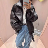 Fongt Bubble Leather Locomotive Jacket Loose PU Leather Coat Oversize New High-End Simple Autumn Coat