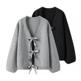 Fongt 2024 New Women's Sequins Bow Ornaments Loose Knit Sweater Cardigan W091 1766-Outfit