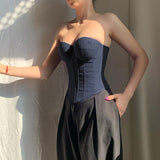 Chest Cup Imitation Denim Blouse 2023 Autumn New Spicy Girls Chest Girdle Waist Display Blouse-Outfit