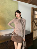 Fongt Xixi 2025 Autumn White Standard Korean Version Of Elegant Temperament Solid Color Tie With Thin Knitted Shirt Top Women 89543