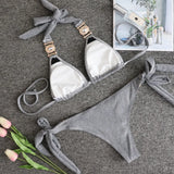 Fongt Sexy Shiny Special Fabric Swimwear Crystal Diamond Bikini Gold Straps Women's