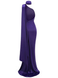 Purple Satin Halter Neck 3D Flower Design Backless Maxi Dress-Outfit