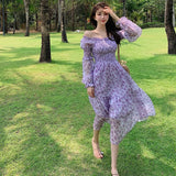 Floral Dress Women 2023 Summer Puffer Sleeve Beach One Piece Dress Korean Elegant Vintage Dress Female Chic Square Collar-Outfit