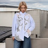 Fongt Spring New Fashion Temperament Lapel Lace Hollow Splicing Design Sense Loose Show Thin Long-Sleeved Shirt Female-Outfit