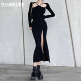Clubwear Criss-Cross Split Bodycon Dreess Sexy Slim Solid Long Sleeve Maxi Dresses For Women 2021 Korean Style