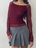 Sexy Women Lace Long Sleeve Crop Tees Tops Off-Shoulder Casual Pullover for Club Streetwear Aesthetic Grunge T-shirts-Outfit