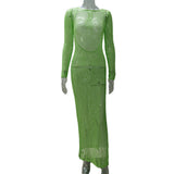 Fongt Spring Summer New Women's Clothing Sexy Hollow Perspective Holiday Solid Color Bare Back Knitted Long Dress Girl