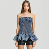 Fongt Hot Girl Wind 2024 Autumn New Wipe Breast Elastic Design Slim Denim Flounce Short Dress-Outfit