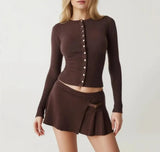 Knit Buttoned Long Sleeve Top And Pleated Mini Skirt-Outfit