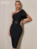 One Shoulder Midi Black Bow Bandage Dress Outfits Sexy Women's Diamonds Sashes Sleeveless Club Evening Summer Party