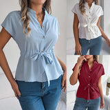 Shooting 2025 Spring And Summer Leisure Solid Color Button Drawstring Short-Sleeved Shirt