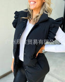 The Ins Hot Ladies Autumn Winter Down Jacket Casual Standing Collar Buckle Double Plug Bag Flying Lotus Leaf Sleeve Vest-Outfit