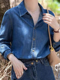 Fongt Dark Blue Soft Cowboy Shirt Women In Autumn And Winter Wearing Long-Sleeved Shirts Small Shoulders