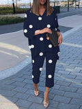 Bohemian Summer Polka Dots Printed Holiday Matching Sets Long Sleeve O-Neck High Low Blouse Femme Fashion Casual