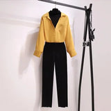 Autumn office ladies long sleeve two pieces set for women fake two-piece patchwork shirt and high waist black pants