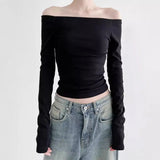 Fongt Wind Foundation Simple Solid Color One Word Collar Off-Shoulder Bottom T-Shirt 2023 New Temperament Age Reduction Slim Jacket-Outfit