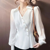 Style Irregular V-Neck Blouse Female Clothing Commute Asymmetrical Single-breasted Spring Autumn Chic Folds Waist Shirt-Outfit