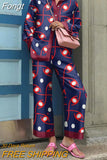 Autumn Vintage Pants Outfits Elegant Turn Down Collar Lady Casual Matching Set 2023 Women Printing Loose Two Pieces