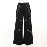 Dark Lolita Gothic High Waist Women Cargo Pants Grunge Wide Leg Chain Y2k Trousers Punk Patchwork Alternative