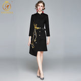New Fashion Designer Black Dresses Spring Autumn Women's Embroidery Elegant Asymmetrical Vestido Da