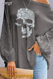 Women Sexy Skew Collar Casual Blouse Elegant Femme Skull Print Office Shirt Blusa Spring Autumn Hollow Batwing Sleeve