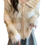 And Winter Lapel Sweater Spliced Woolen Striped Sweater Coat Women's New Lazy Cardigan Coat-Outfit