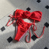 2024 New Solid-Colored Rose Breast Drawstring Strap Split Swimsuit