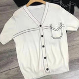 Solid Color Pullovers Fashion Bright Line Decoration Female Casual Loose Commute Pockets Spliced Single-breasted T-shirt-Outfit