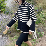 2021 Autunm Winter Women Sweaters Turtleneck Striped Vintage Oversized Split Knitwears Elegant Lady Tops