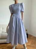 Elegant Solid Loose Long Dress For Women Round Neck Short Puff Sleeve Patchwork Folds Midi Dresses Female
