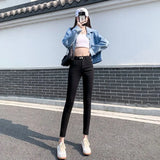 Fongt New Fall 2024 Model Wears High-Waist Elastic Tights, Pencil Pants, Blue And Gray Jeans, Children's Clothes-Outfit