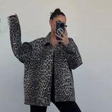 Fongt New Retro Leopard Print Niche Collar Denim Jacket Spring Fashion Loose Trend Jacket