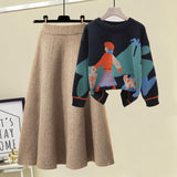 Winter Warm Knitted Two Pieces Sets For Women Long Sleeve Print Sweater And High Waist Knitting Skirts Set Womens