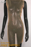 Sale Fishnet Bling Crystal Diamonds Dress Grid Sleeveless O Neck Sexy See Through Women Skinny Mini Dresses Night