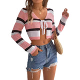 Summer Hollow Hit Striped With Long-Sleeved Umbilked Knitted